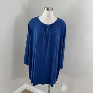 Susan Graver Womens Plus 4X Blue Tunic Top Long Sleeve Liquid Knit Shirt Stretch